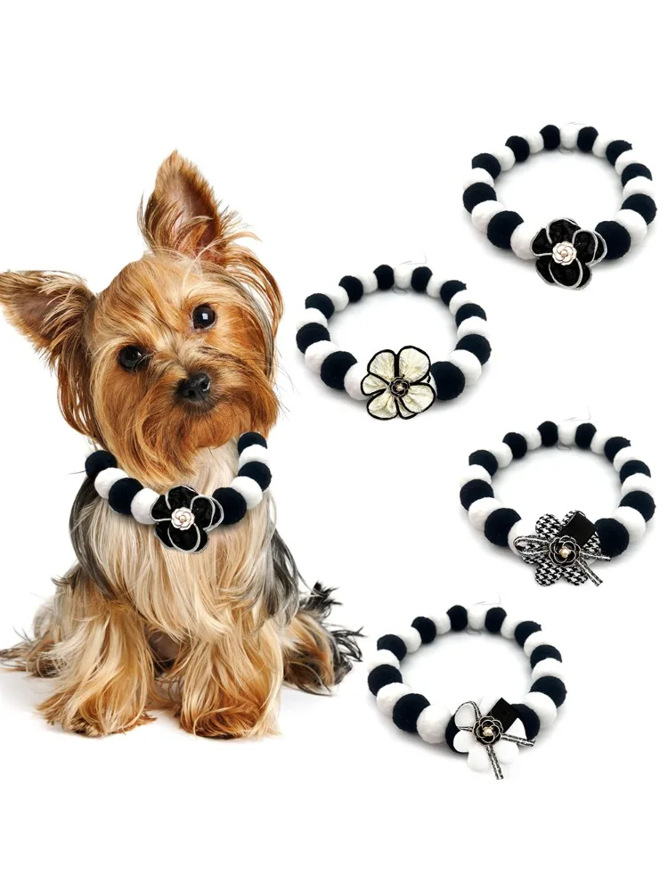 12pcs Handmade Pet Small Dog Bow Tie Flowers Style Hair Ball Necklace Collar Puppy Cat Bowties Neckties Dog Grooming Accessories