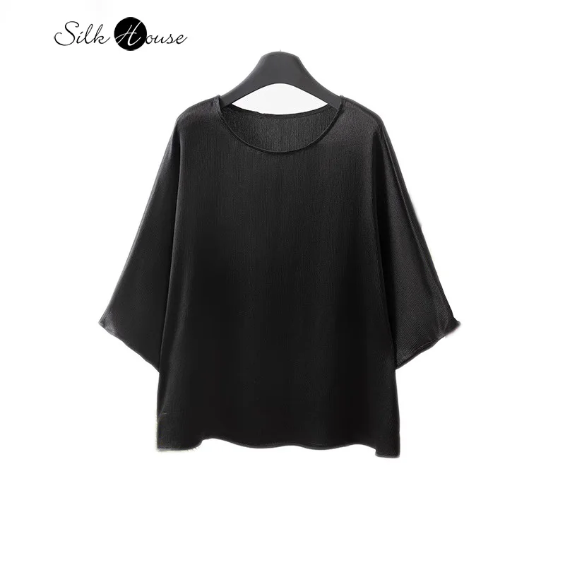 

Elegant Silk Smooth Nude Natural Mulberry Silk Tree Bark Crepe Three-quarter Batwing Sleeves Black Loose Women's Casual T-shirt