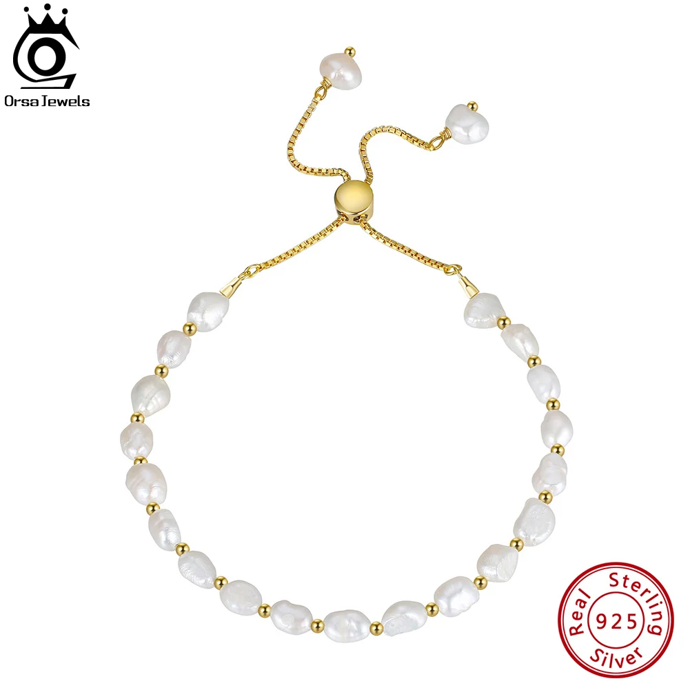 ORSA JEWELS 925 Sterling Silver Pearl Bracelet Chain Link Baroque Culture Pearl 14K Gold Fashion Dainty Handmand Jewelry GPB09