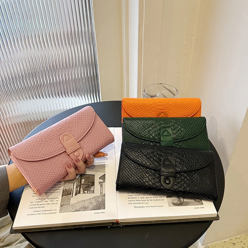 Women's Wallet Crocodile Pattern Slim Long Wallet Foldable Minimalist Multi-functional Card Holder Thin Clutch Purse