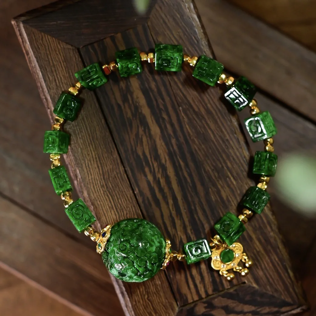 Natural A-grade Spicy Green Carved Jade Square Bead Bracelet, S925 Gold Plated, Chinese Vintage Bracelet