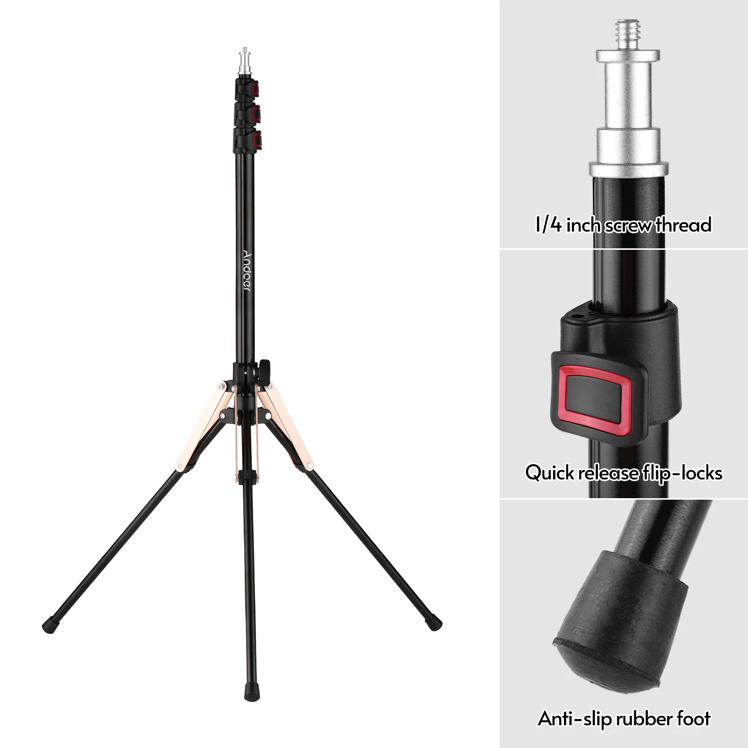 Andoer 190cm/74.8 Inch Portable Aluminum Alloy Photography Light Stand Reverse Folding Leg Stand 3-Section Flip Locks Design