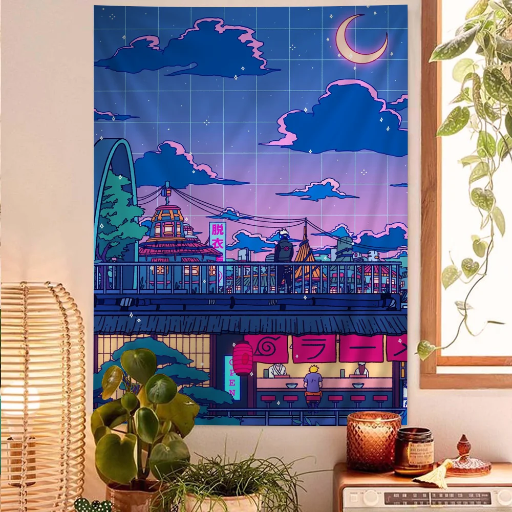 

Городской Ночной Луна Эстетический гобелен Японское аниме повышает домашний декор и атмосфера комнаты Гобелен для спальни Гобелен для гостиной