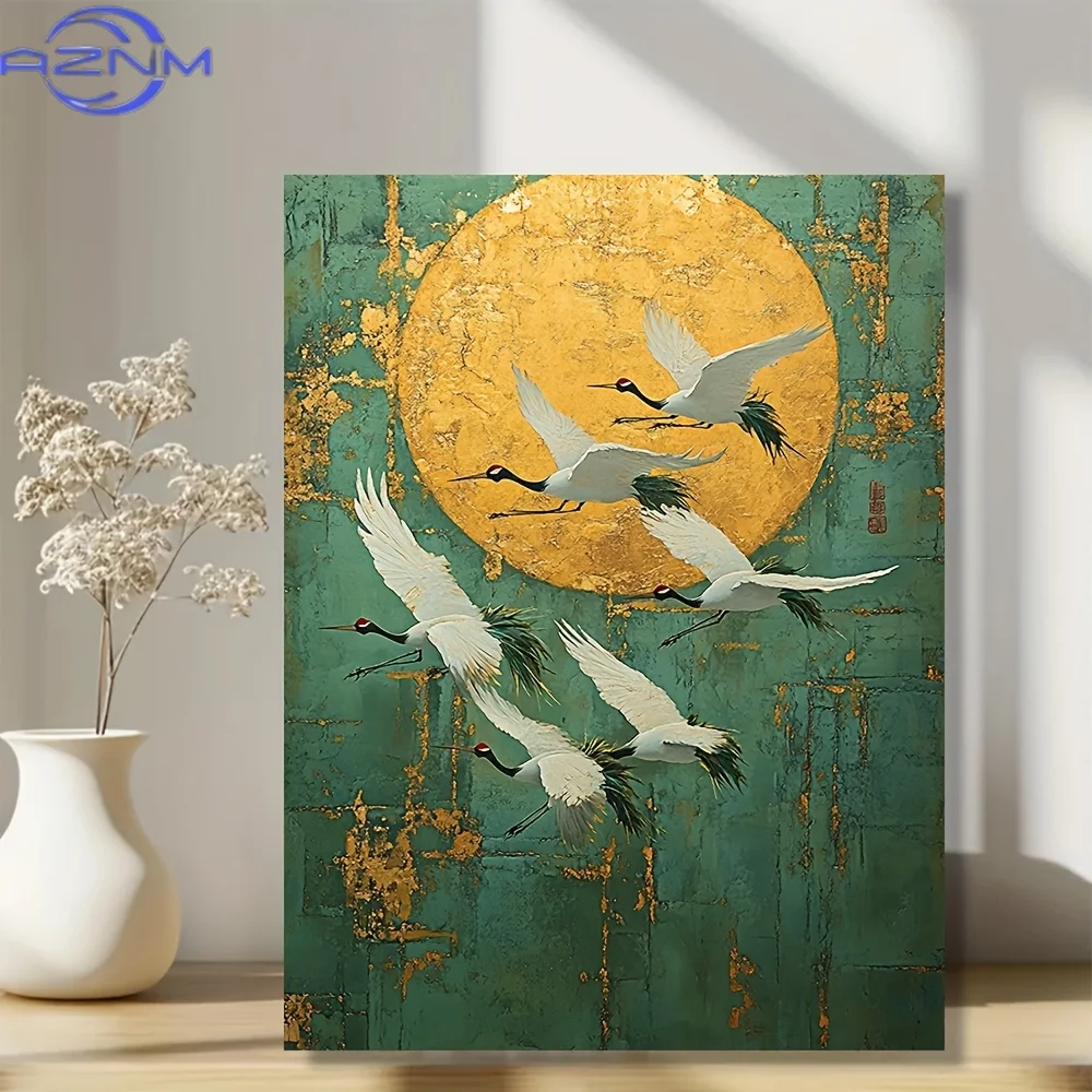 Abstract Red-crowned Cranes and Golden Moon Poster Prints Japan Art Canvas Painting Wall Art Picture for Living Room Home Decor