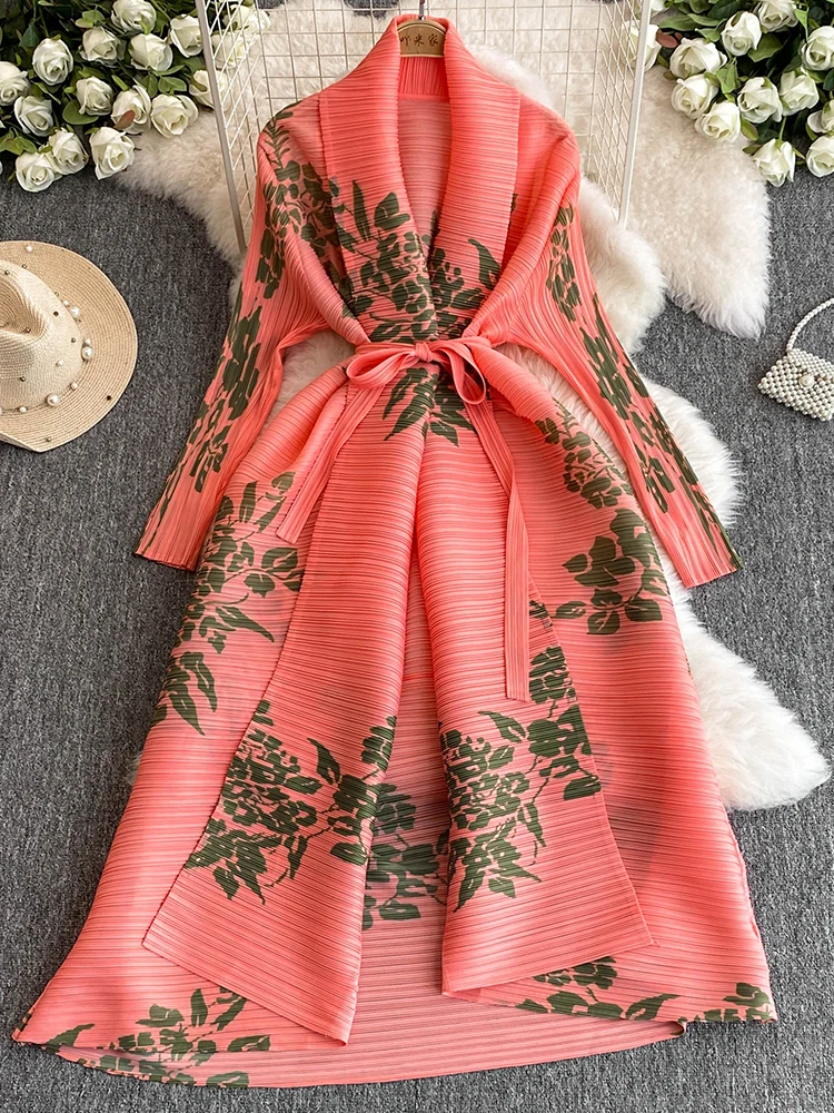 Nuovo abito cinese a vita larga con pieghe a vita alta lungo Sve V-Ne A-Line Midi Dr per donna taglie forti