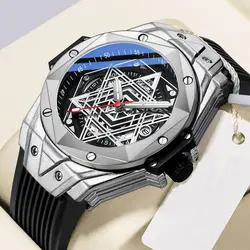 Unique Silver Men's Watches Rubber Strap Waterproof Royal Hexagram Fashion Casual Sport Quartz Wristwatch for Male Gift New