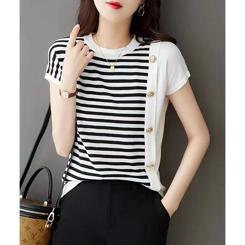 

new Fashionable knit short women's ice silk shirt round collar black and white striped cotton T-shirt loose half sleeve