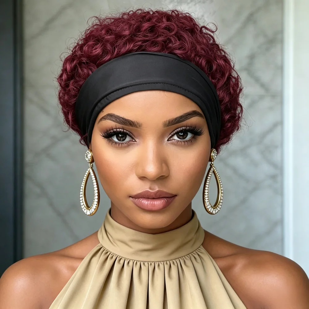 Short Curly Headband Wig Human Hair for Women, Full Machine Made Headband Wig, Natural Black Curly Remy Human Hair Headband Wigs