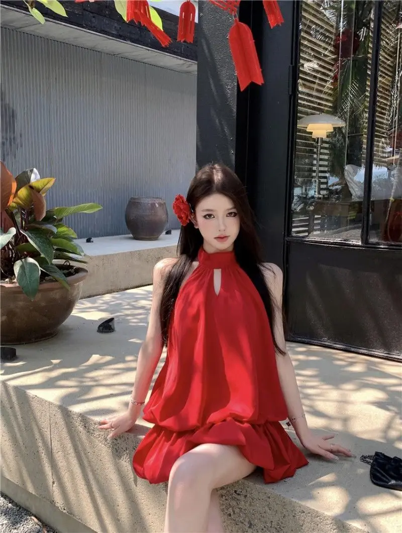 Vestidos femininos na altura do joelho 2025 mulher sem mangas plissado acordeão drapeado dobras empilhadas em camadas torções babados