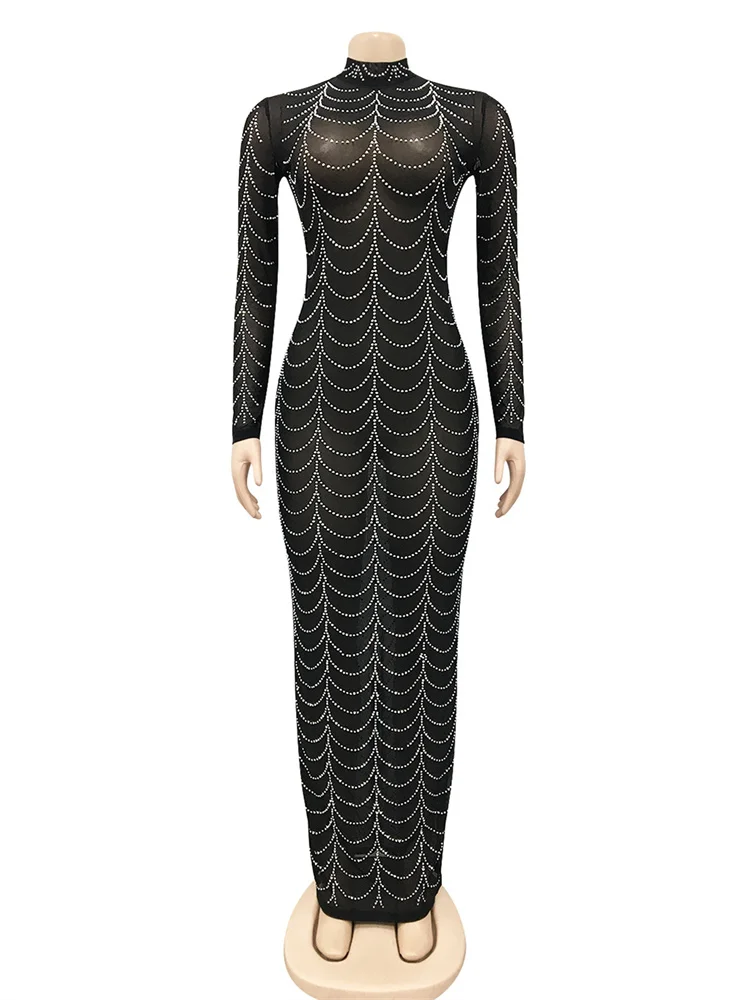 Leosoxs ตาข่ายดูผ่านชุดยาวผู้หญิง Rhinestones ตกแต่งแขนยาว Skinny Wrap Hip Midnight เซ็กซี่ Coquette Vestidos