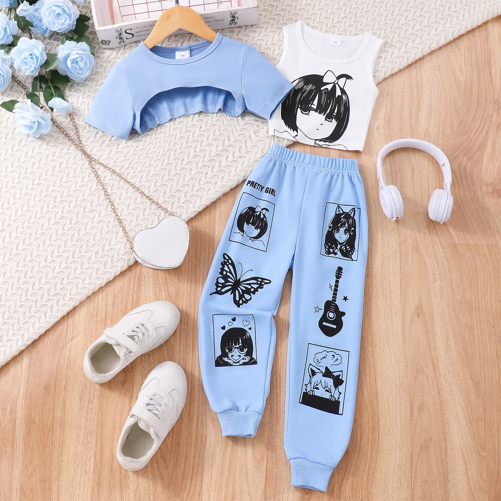 Kids Girls Stretchy Sports Suit Short Sleeve Asymmetrical Hem Crop Top with Anime Printed Vest And Elastic Waistband Sweatpants