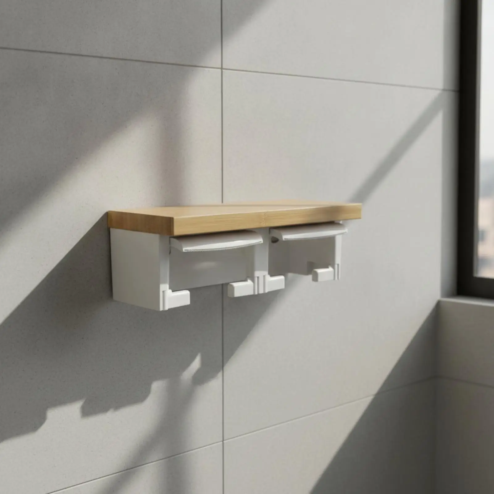 Bamboo Toilet Roll Holder with Shelf and Lower Hooks Wall Mounted Double Tissue Paper Dispenser for Guest Bathroom