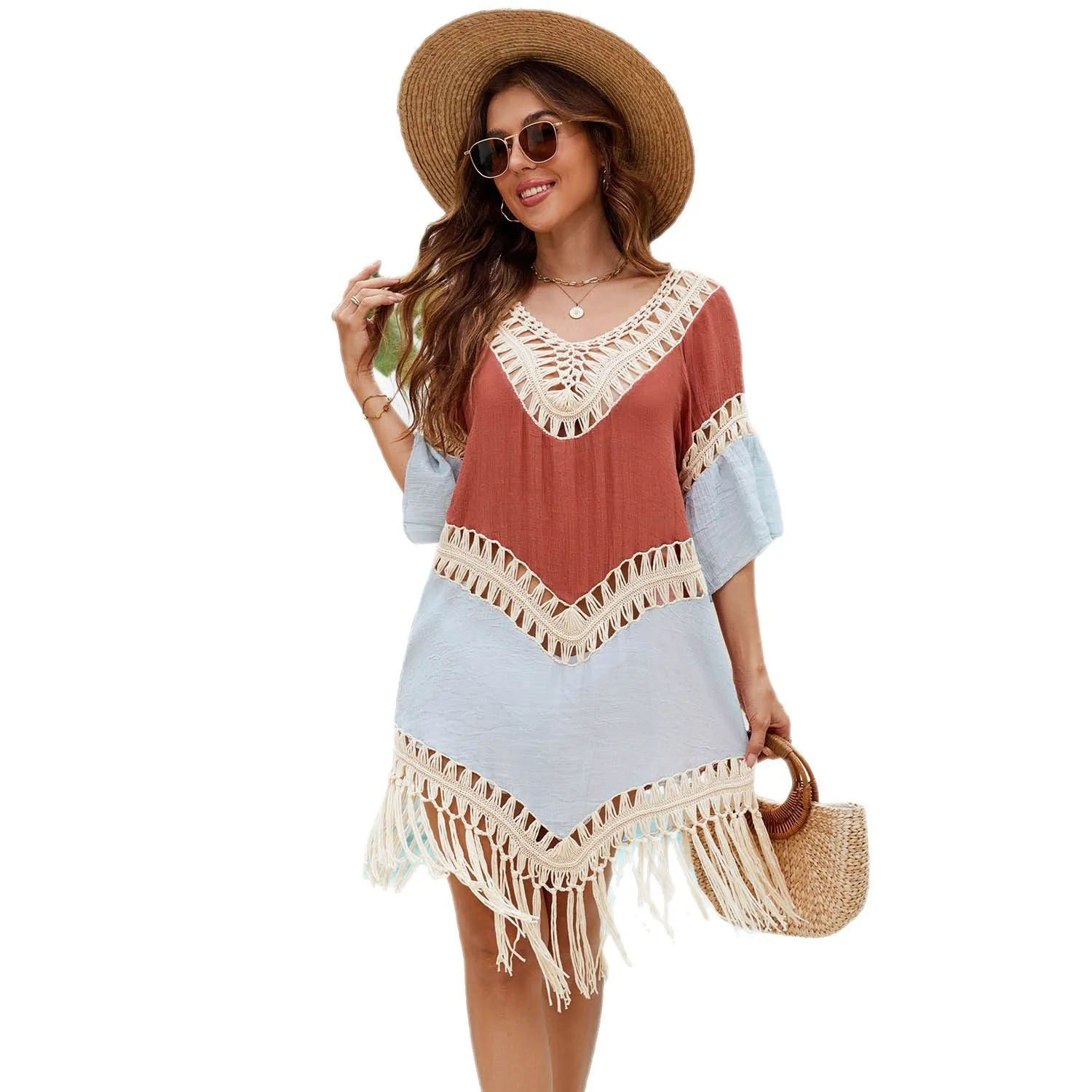 فستان 2025 ملابس نسائية جديدة فستان شاطئ كروشيه مجوف للشاطئ معطف يدوي بشراشيب تنورة للشاطئ