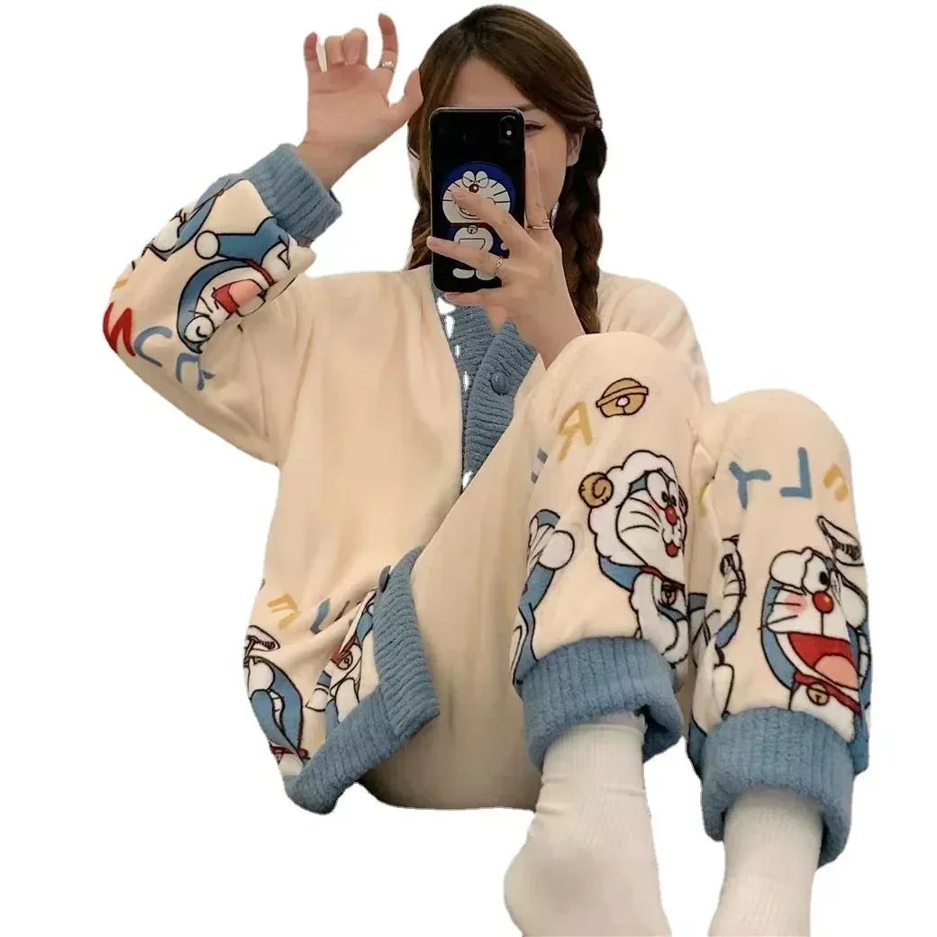 Doraemon Coral Fleece Pajama Women's Autumn and Winter Long Sleeve sleepwear 2023 New Jingle Cat Flannel Thickened Home clothes