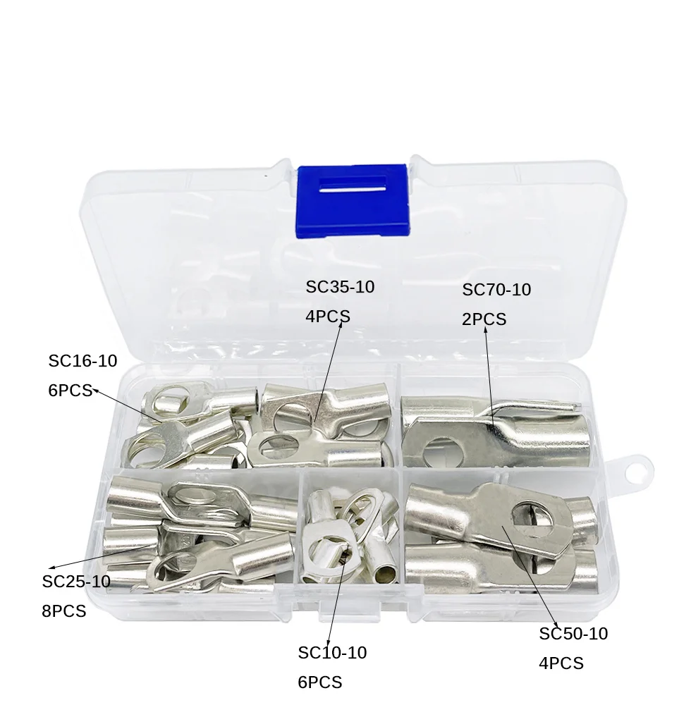 30pcs box-packed SC10-10 SC16-10 SC25-10 SC35-10 SC50-10 SC70-10 Tin Plated Copper Cable lugs Terminal Connector