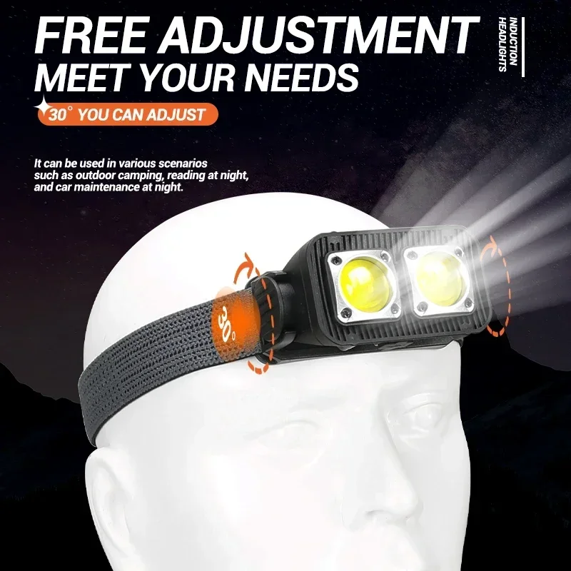 Intelligent Induction COB Headlight Red Light Warning LED Light Portable Headlamp USB Rechargeable Head Lamp Waterproof