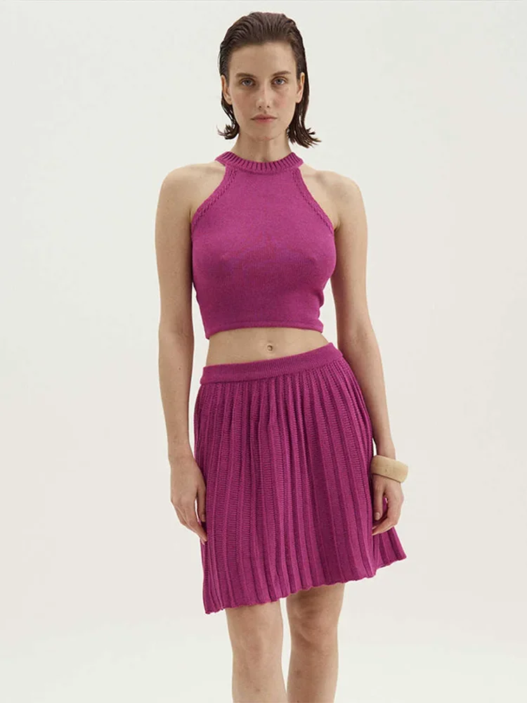 

Casual Solid Knitted Vest Skirts Set Women Slim Halter Sleeveless Short Top Pleated Elastic A-line Mini Skirt Suit Female