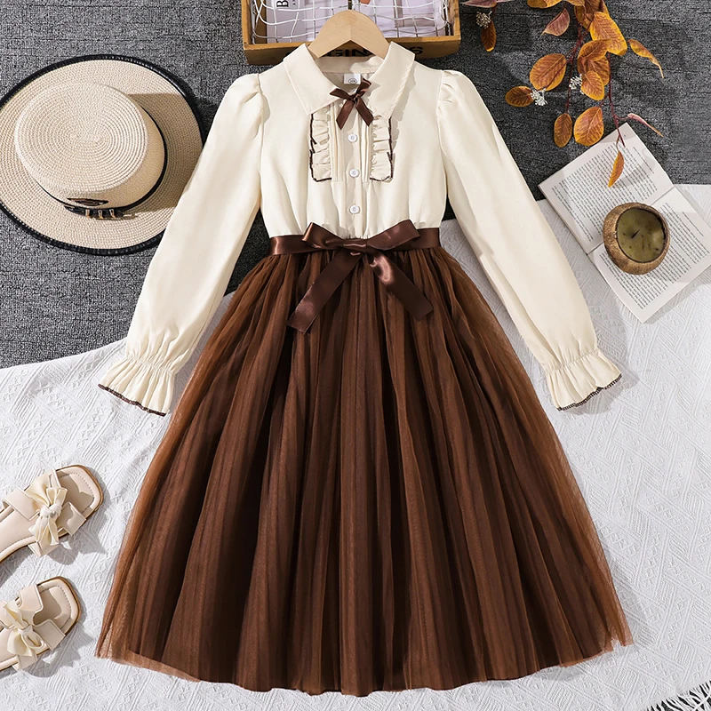 Girls 8-12 Spring Autumn Shirt Tulle Dress, Lapel Bow Frill Long Sleeve Satin Bow Belt Flowy Brown Mesh Skirt Casual Dress