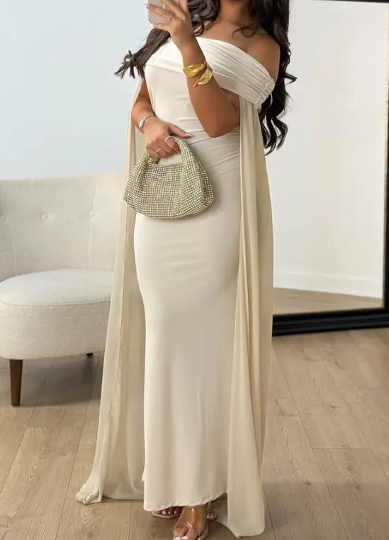

2026 Spring/Summer New Women's Fashion Elegant Temperament Solid Color Cloak Sleeve Tight Waist Dress Women's Wear