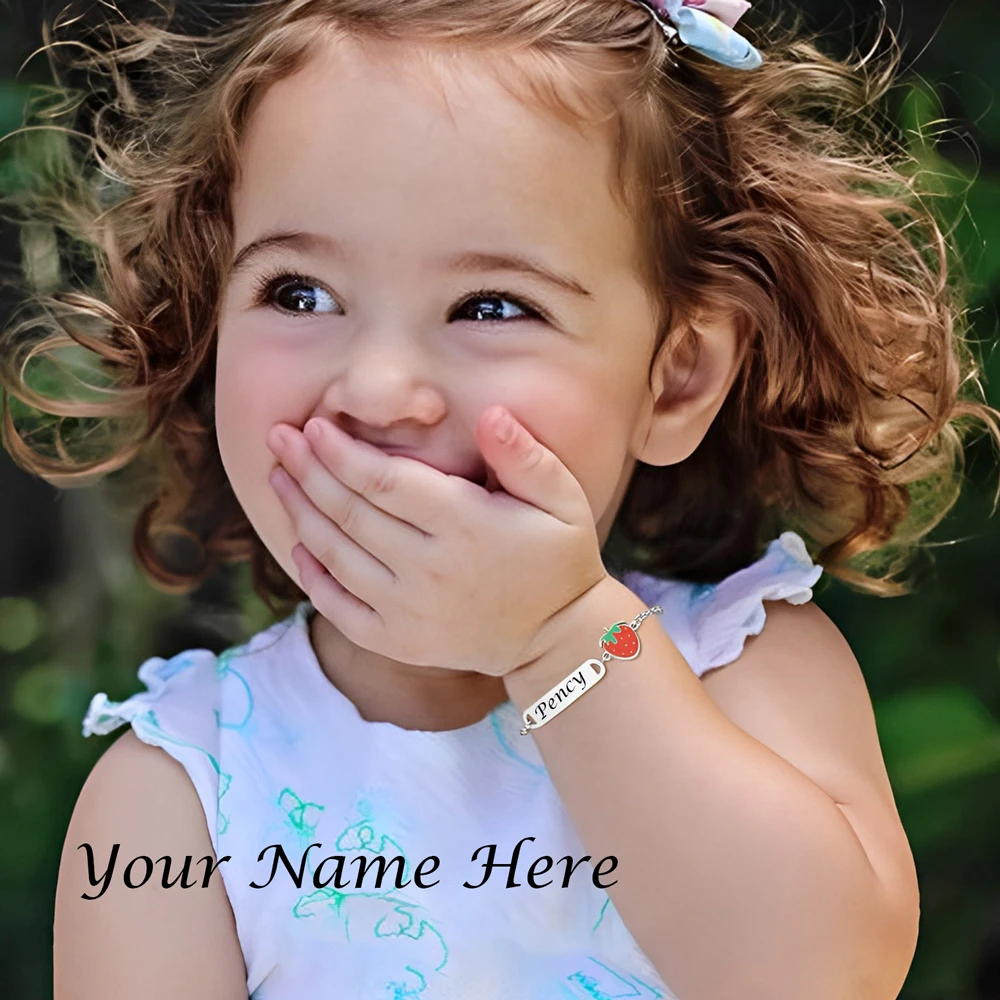

Anti Allergy Custom Baby Names Birth Date Strawberry Bracelets for Girls Personalized Stainless Steel Children Birthday Gift