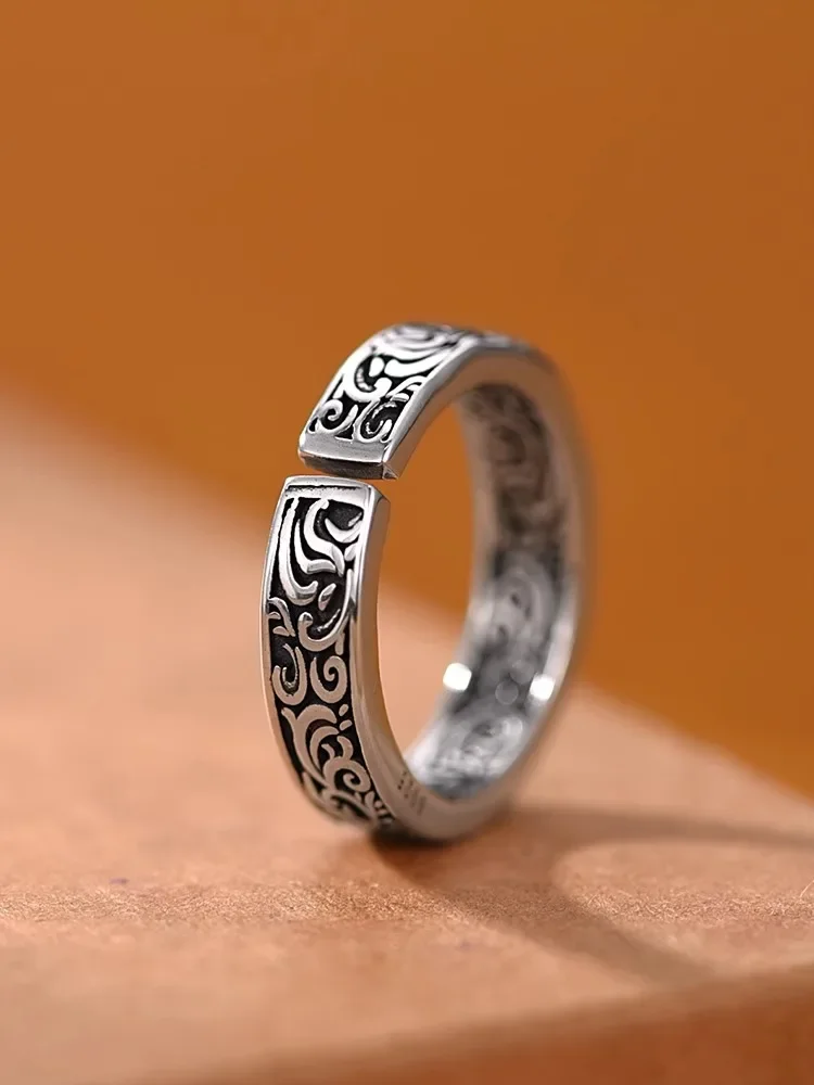 New Silver Color Retro Old Tang Grass Pattern Rings for Women Classic French Boys\' Index Finger Ring Gift Gothic Jewelry
