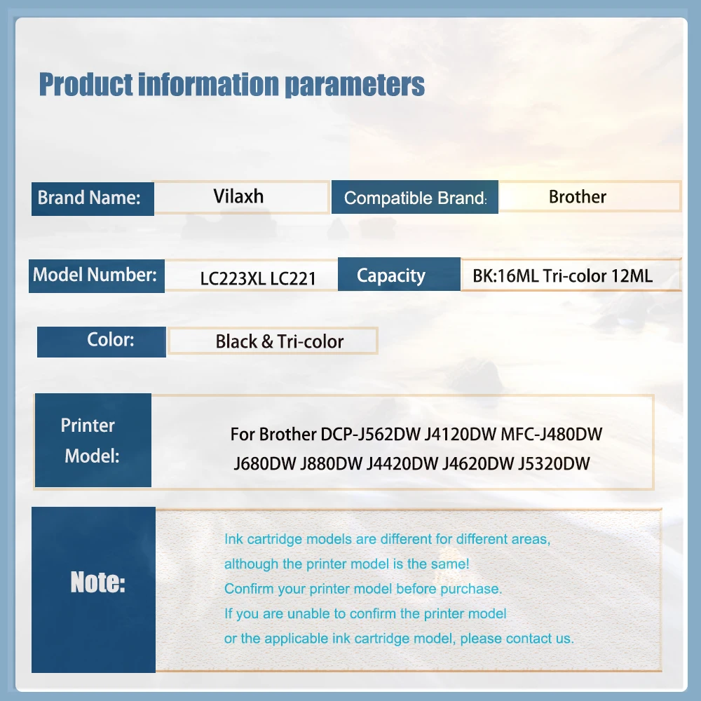 Vliaxh LC223 LC221 LC221XL LC223XL Ink Cartridge For Brother DCP-J562DW J4120DW MFC-J480DW J680DW J880DW J4420DW J4620DW J5320DW