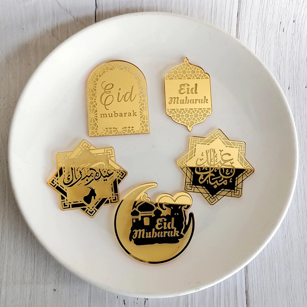 Eid Mubarak Acrylic Cake Toppers Golden Castle Moon CupCake Topper for Ramadan Islamic Muslim Festival Party Cake DIY Decoration