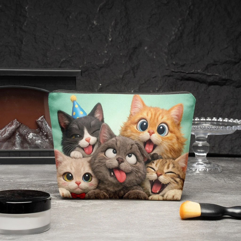 A Makeup Bag Featuring Adorable Little Cats with Funny Expressions, This Lightweight Zippered Pouch Is Perfect for Women
