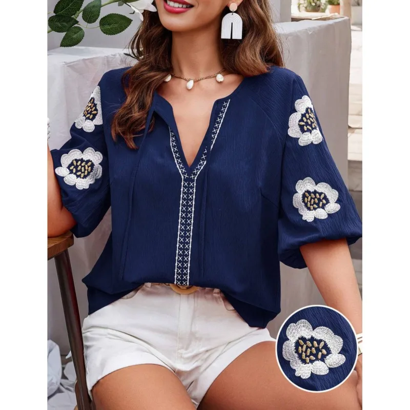 

Women Shirt Summer Flower Embroidery Blouse Elegant Fashion Half Sleeve V Neck Lace Up Shirts Loose Pullover Blouses Femme Tops