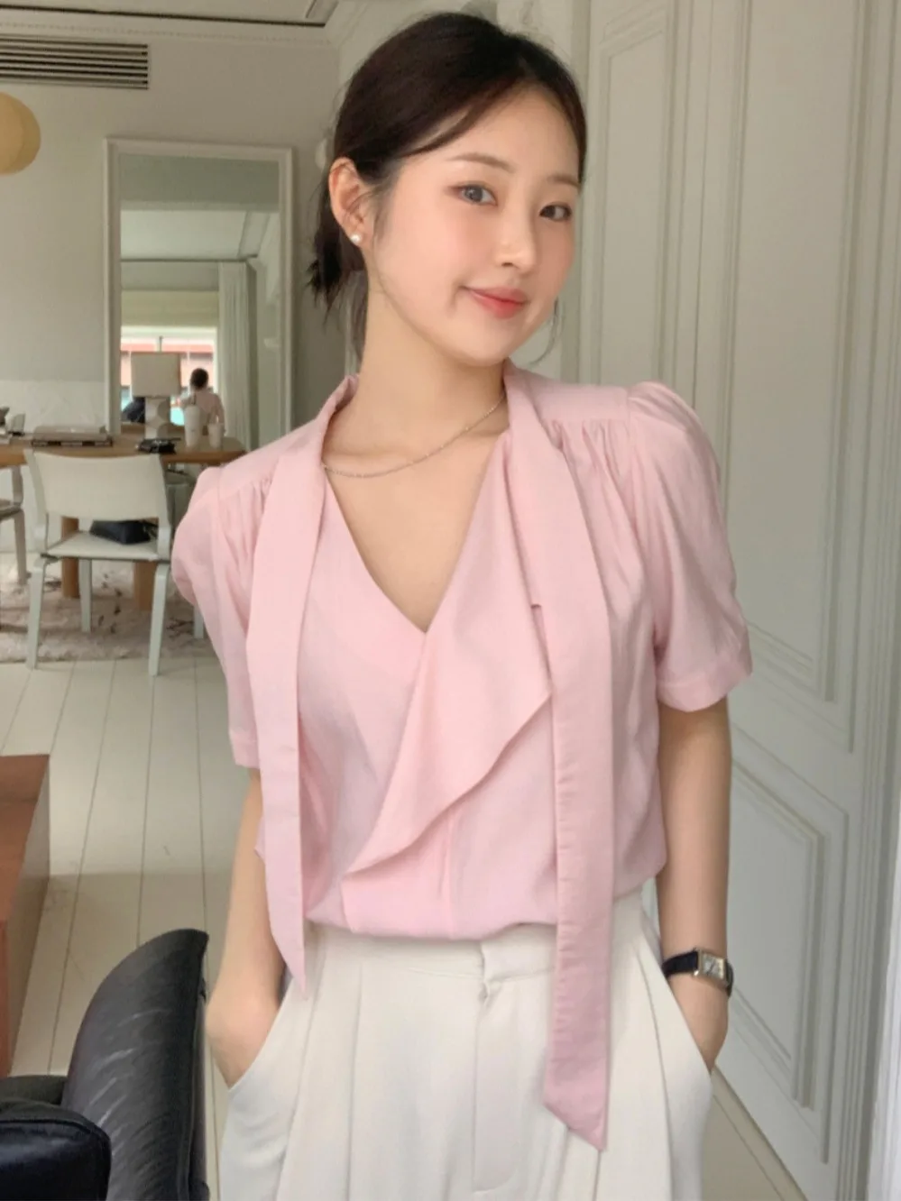 

Ele Loose ort Sve irt with Sa Pleats Versatile Summer New Sle Retro Small ence Women's Faion Top