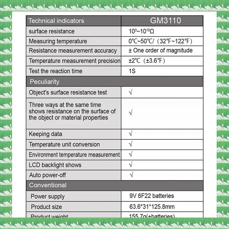 

ONCE GM3110 Высокоточный тестер поверхностного сопротивления Антистатический тестер Цифровой антистатический измеритель сопротивления