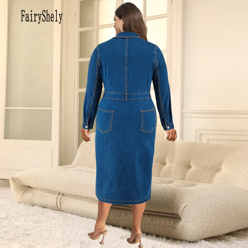 2024 Winter Button Plus Size Denim Dress Women Long Sleeve Large Midi Jean Dress Lady Turn-down Collar Curvy Bodycon Long Dress