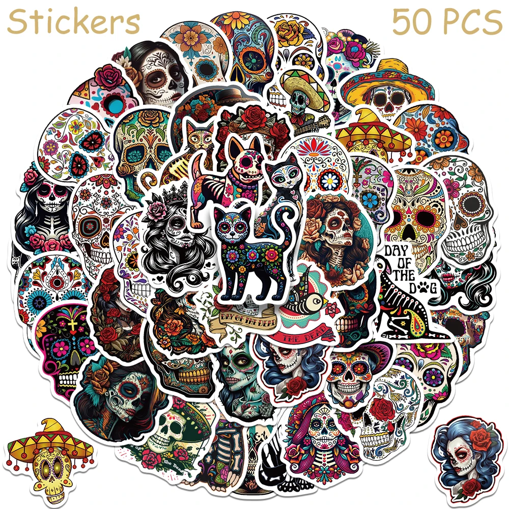 

50pcs Horrible Day Of The Dead Skull Stickers Decals For Phone Laptop Suitcase Refrigerator Skateboard DIY Waterproof Stickers