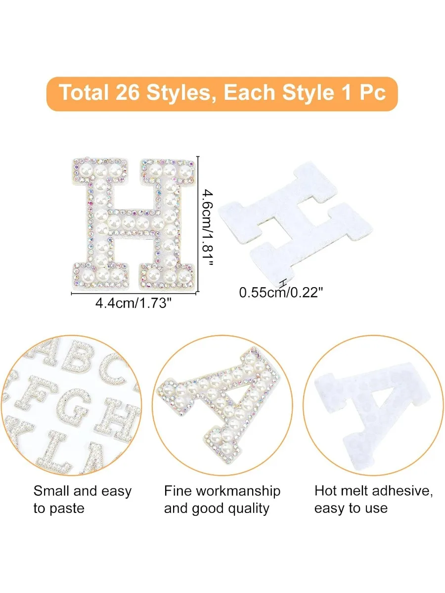 26 Pcs Iron On Letter Patches, Rhinestone Pearl Patches, A~Z Sew On Patches Glitter Alphabet Applique for Clothing Fabrics Bag