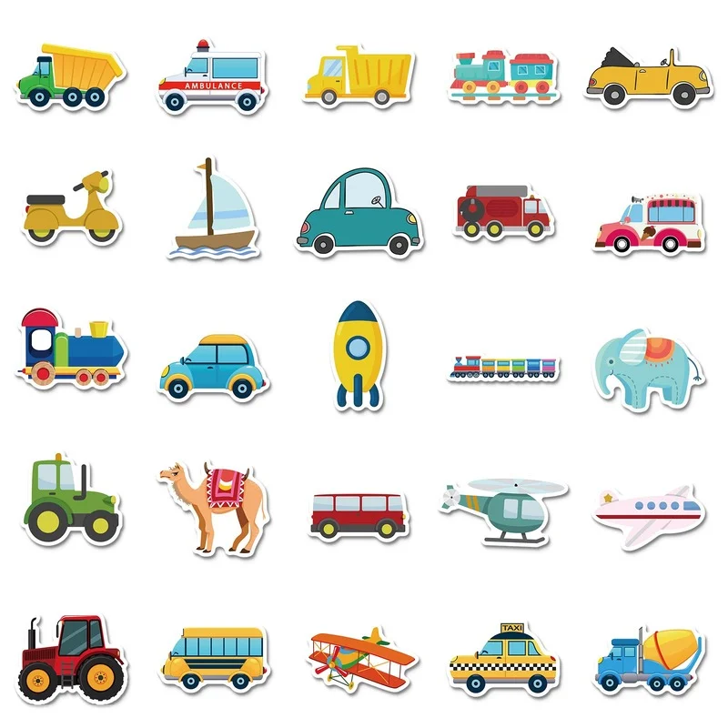 10/25/50pcs Transportation Cartoon Stickers Vehicle for Teaching Home Wall Rewards Gifts Art Toys phone suitcase fridge