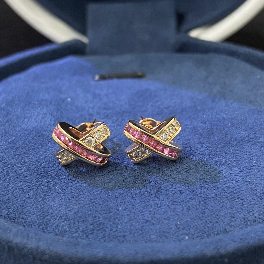 

2025 New 925 Pure Silver Pink Diamond White Diamond Cross Earrings Fashionable, Versatile, High Luxury Style