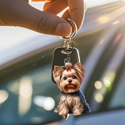 2D Yorkshire Terrier Keychain Cute Dog with Bow Tie Pendant Flat Acrylic Charm,for Car Mirror,Bags,Festive,Gift & Decor