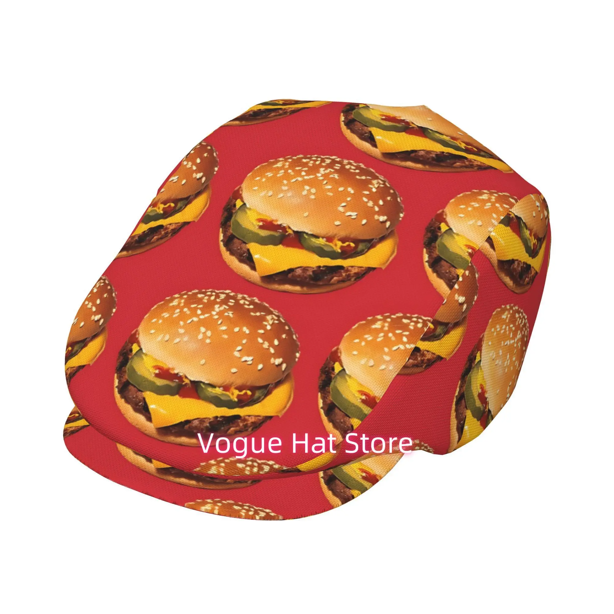 1pc Cheeseburger Mosaic All-Over Printed Beret, Retro Newsboy Cap, Unisex, Essential Fashion Accessory for Outdoor Leisure And F