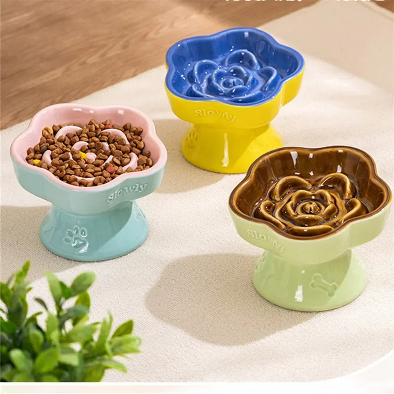 Ceramic Pet Cat Dog Slow Food Bowl Fat Help Healthy Dog Elevated Feeder Anti-choking Non-slip Protective Neck Cat Accessories