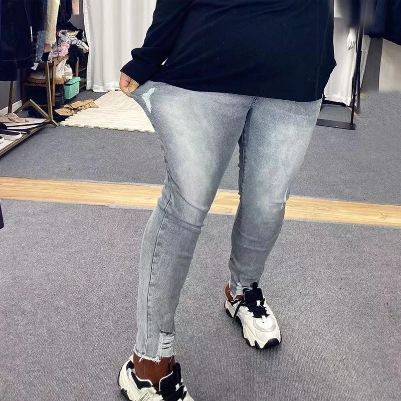 

Stretch Jeans Autumn New Women's Gray Slim Pant Holes Pockets Pencil Pants Elasticity High Quality Casual Trousers Denim Female