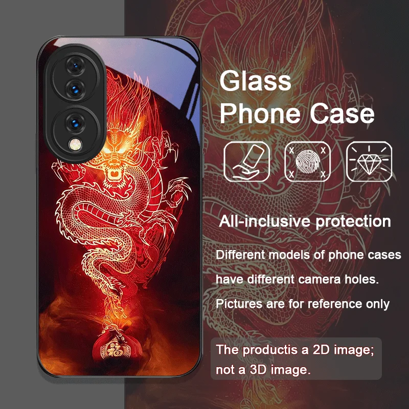 Creative Dragon Pattern Tempered Glass Phone Case for Huawei Honor 200 Lite 300 100 90 Pro 70 80 GT Magic 7 6 5 PRO X8 X9 Cover