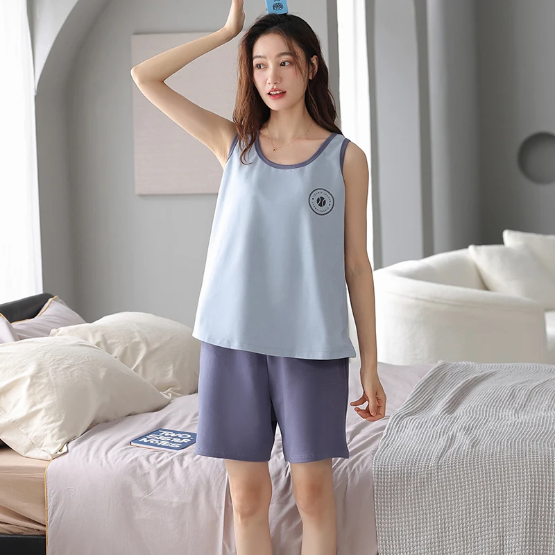 

Summer Pyjamas Women Knited Cotton Vest Pajama Set Girls Pijamas Casual Soft M-XXL Ladies Sleepwear Home Clothing