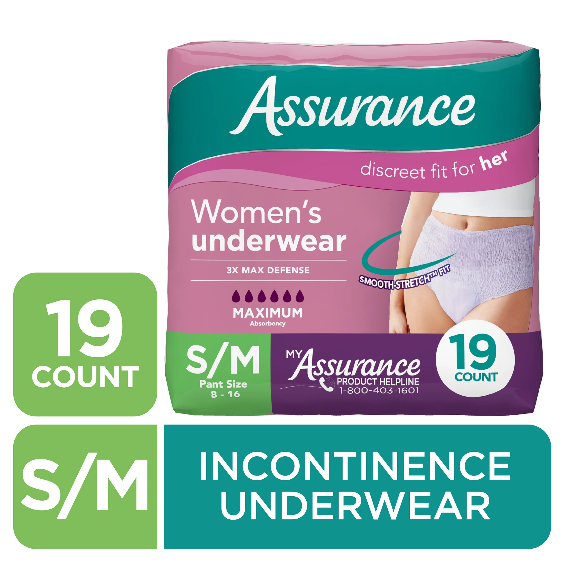 Assurance Women's Incontinence and Postpartum Underwear, S/M, Maximum Absorbency, 19 Count