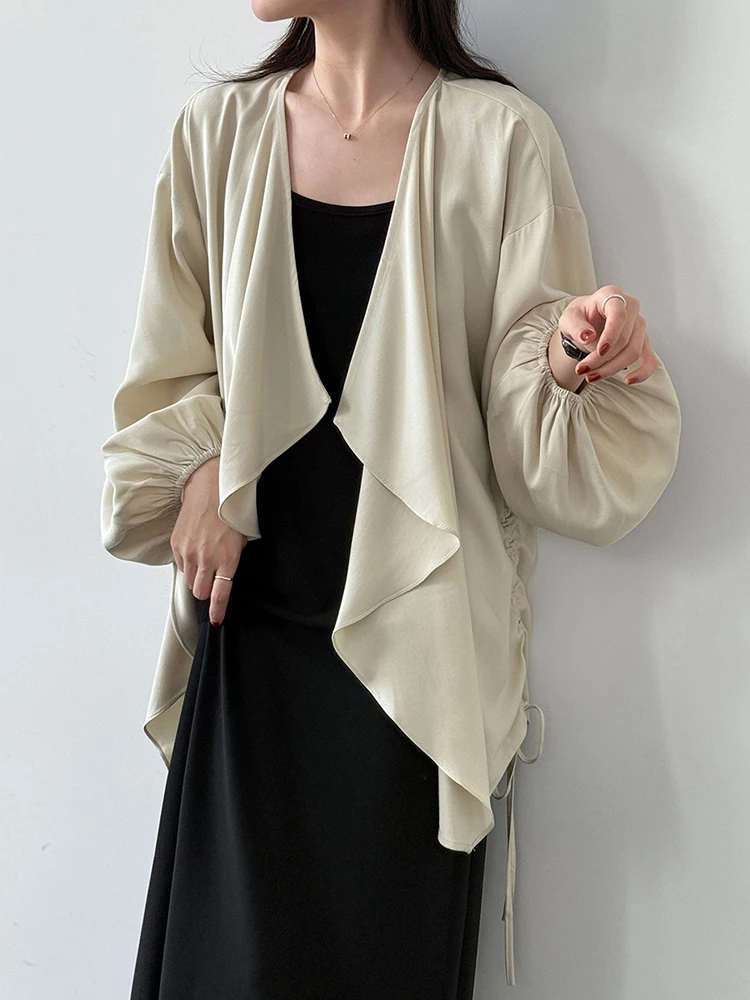 Women Apricot Drawstring Big Size Irregular Trench New V-neck Long Sleeve Windbreaker Fashion Spring Autumn