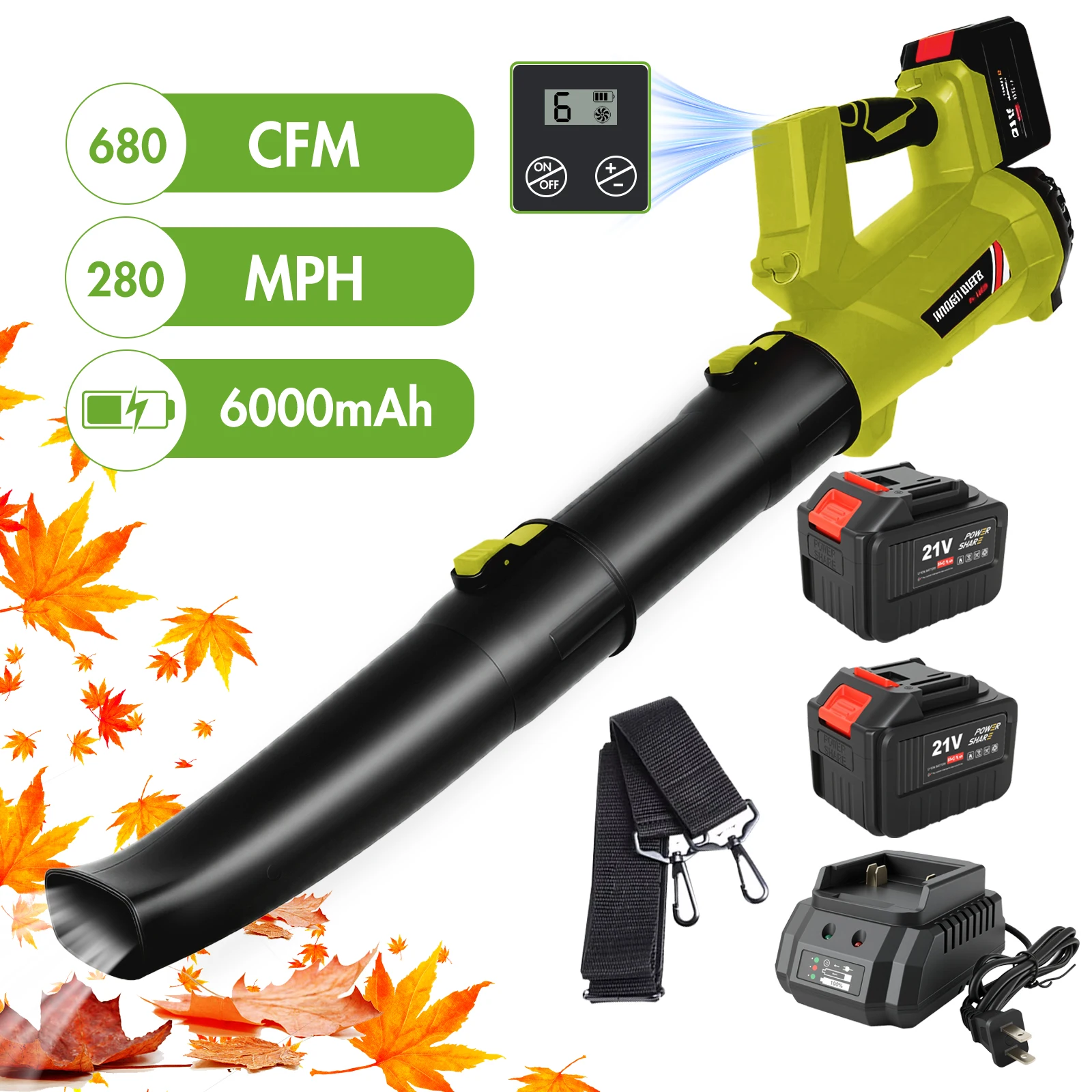 21V Cordless Leaf Blower 650CFM 280MPH Fast Charger 6-Speed LCD Display with 2x6.0Ah Batteries for Patios Driveways Snow