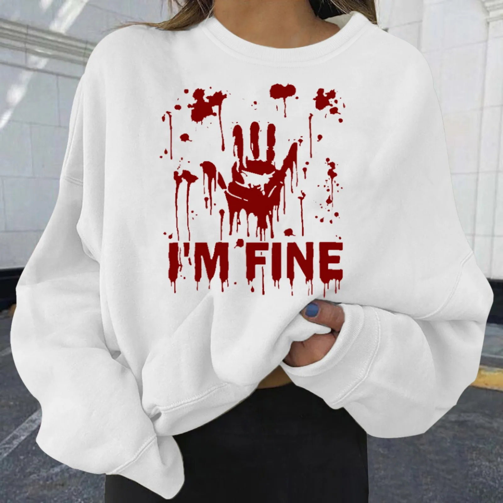 

Women's Halloween Blood Print Hoodies Crew-Neck Hooded Sweatshirt Casual Pullover Top Funny Long Sleeve Hoodless Sweatshirt 2024