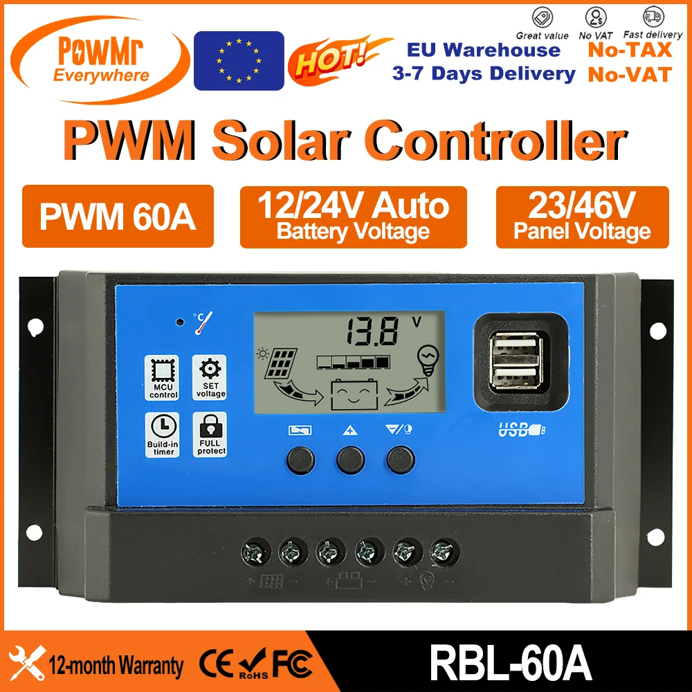 PowMr Solar Charge Controller 60A for 12V/24V Battery PWM Solar Regulator With Dual USB 5V Max 50V/25V Solar Panel Input LCD