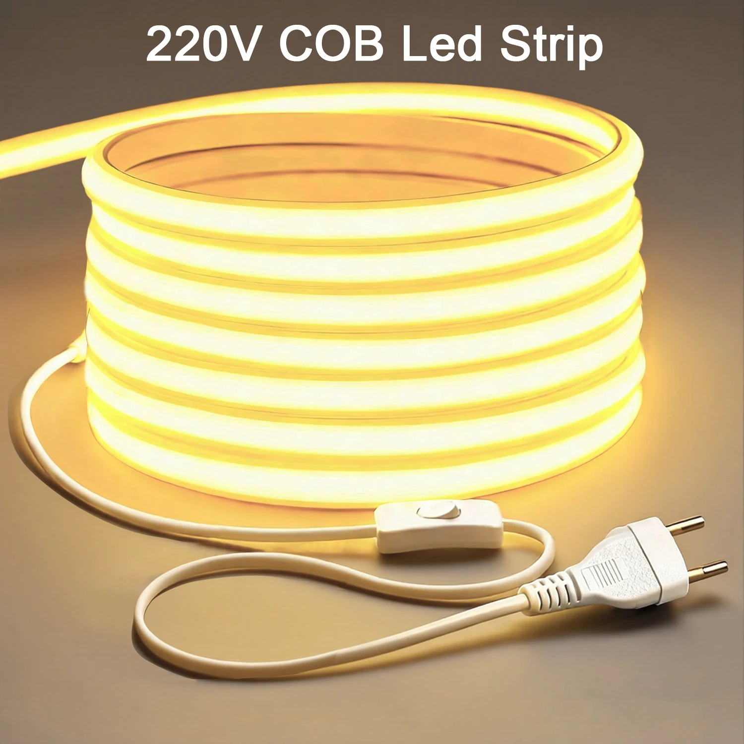 Bande LED COB 220V haute luminosité avec interrupteur marche/arrêt, ruban LED COB pour éclairage sous les armoires de cuisine et de maison