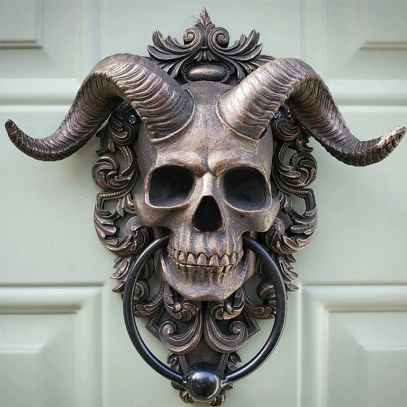 Horned Skull Statues Hanging Door Knocker Vintage Iron Shofar Heavy Duty Gothic Doorknocker Door Handle Perfect Decoration Home