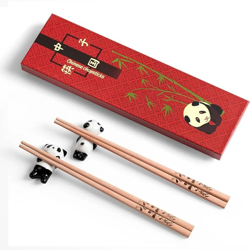 

2 Pair With Chopstick Rest Panda Chopsticks Gift Set Non-slip Laser Engraving Chinese Chopstick Natural Wooden Sushi Chopsticks